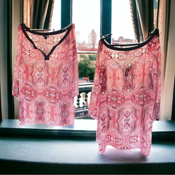 East 5th l Sheer l Tunic Top Blouse l Pink/Red Black Trim l 3/4 Sleeve l 3X EUC - Picture 2 of 11